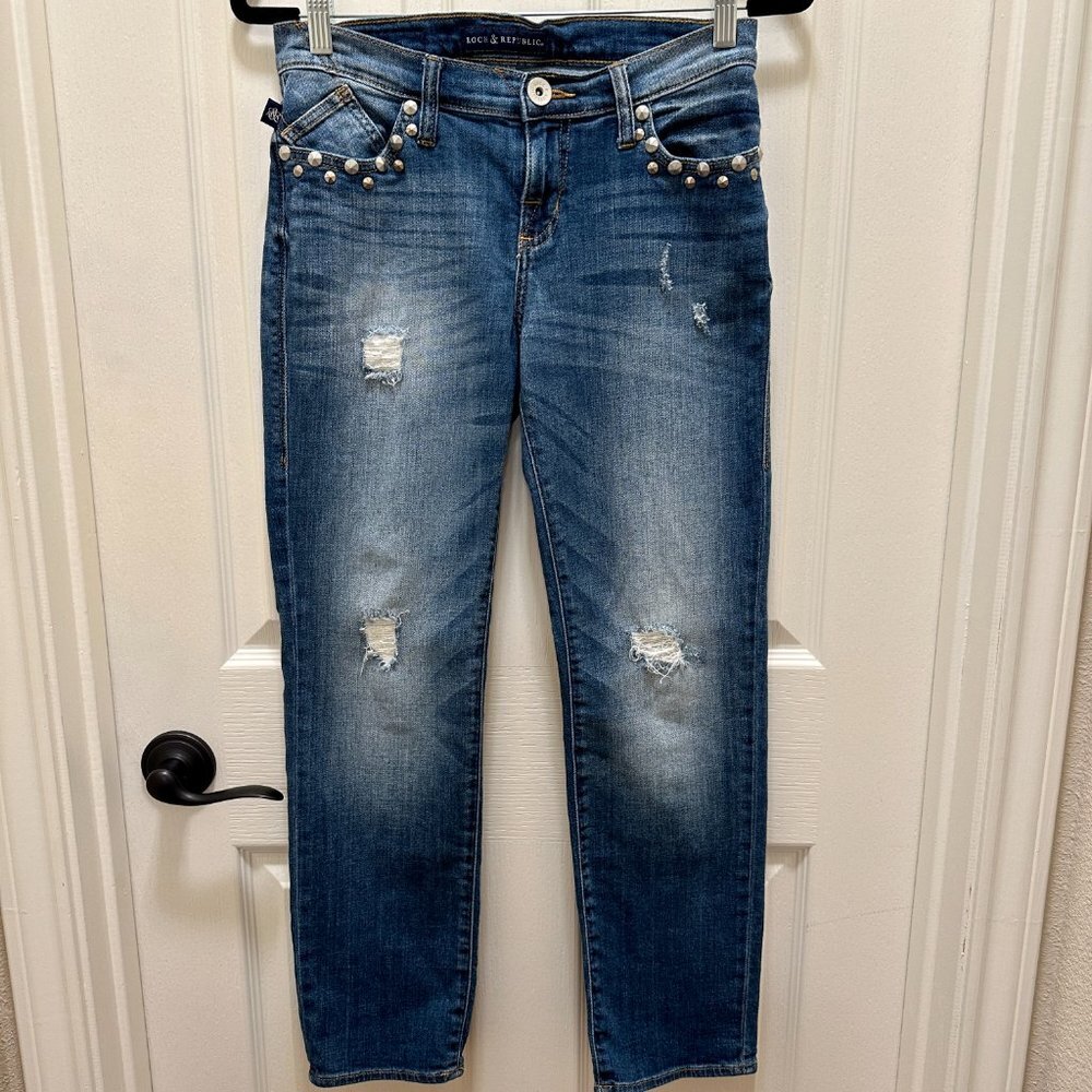 Rock & Republic Jeans Women's Size 4 Blue Low Rise Indee Distress Studded Boho